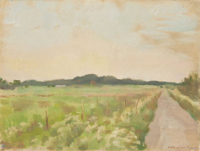 Auf diesem Bild ist das folgende Kunstwerk zu sehen: Lotte Laserstein. Landschaft mit Feldweg. Um 1940.