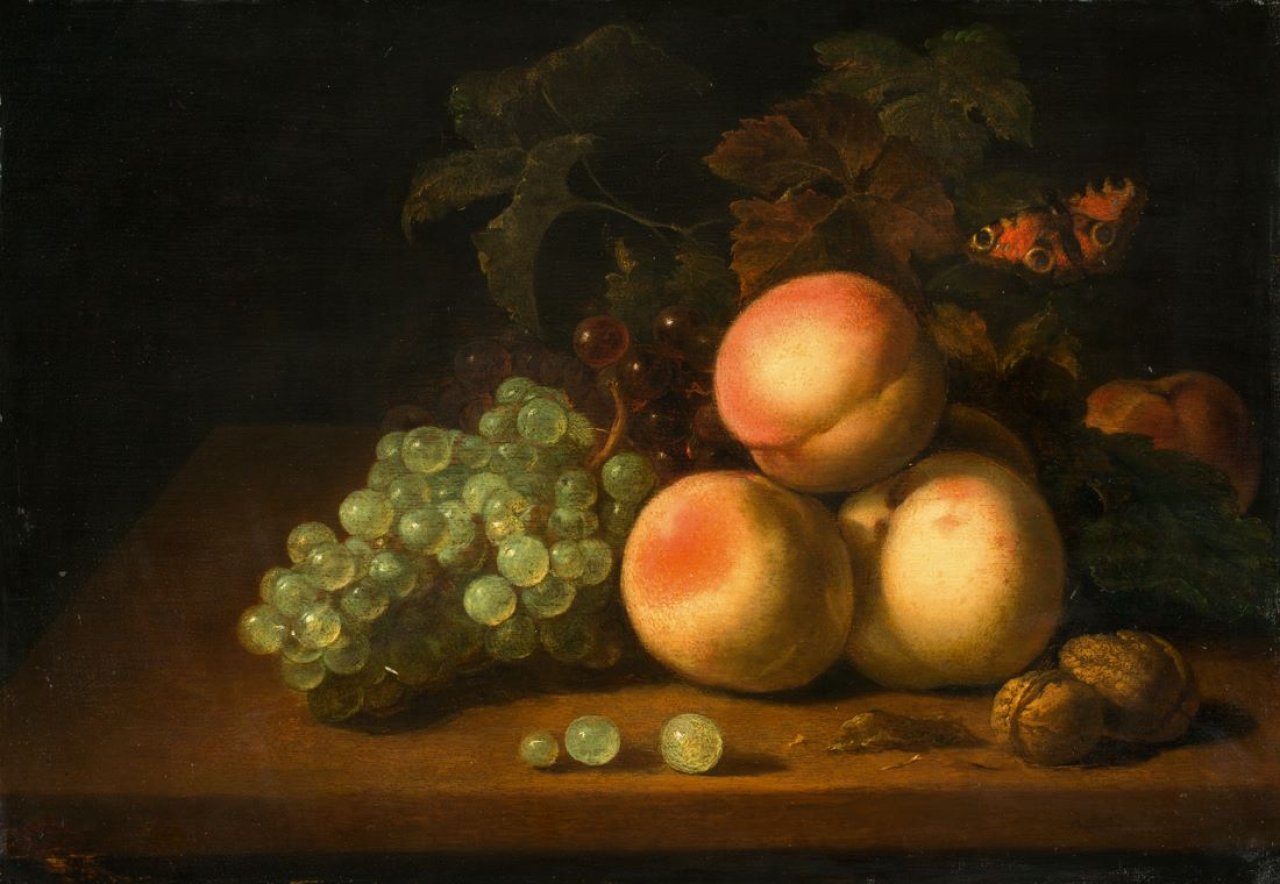 Catalog image of Stilleben mit Pfirsichen, Trauben, Walnüssen und Schmetterling. Um 1670