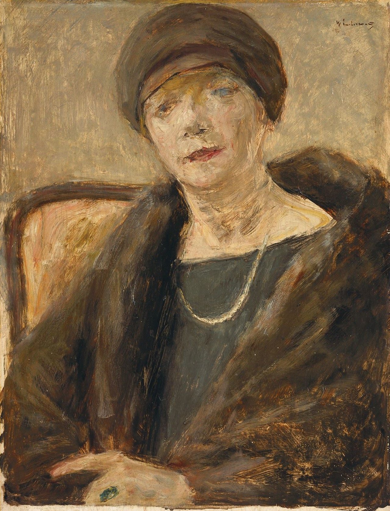 This picture shows the following artwork: Max Liebermann. „Bildnis Lola Leder (1892 – 1977) im Pelzmantel – Studie“. 1922.