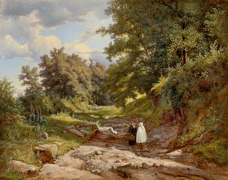 Auf diesem Bild ist das folgende Kunstwerk zu sehen: Carl Robert Kummer. Italienische Landschaft mit zwei Mönchen im Gespräch. 1838.