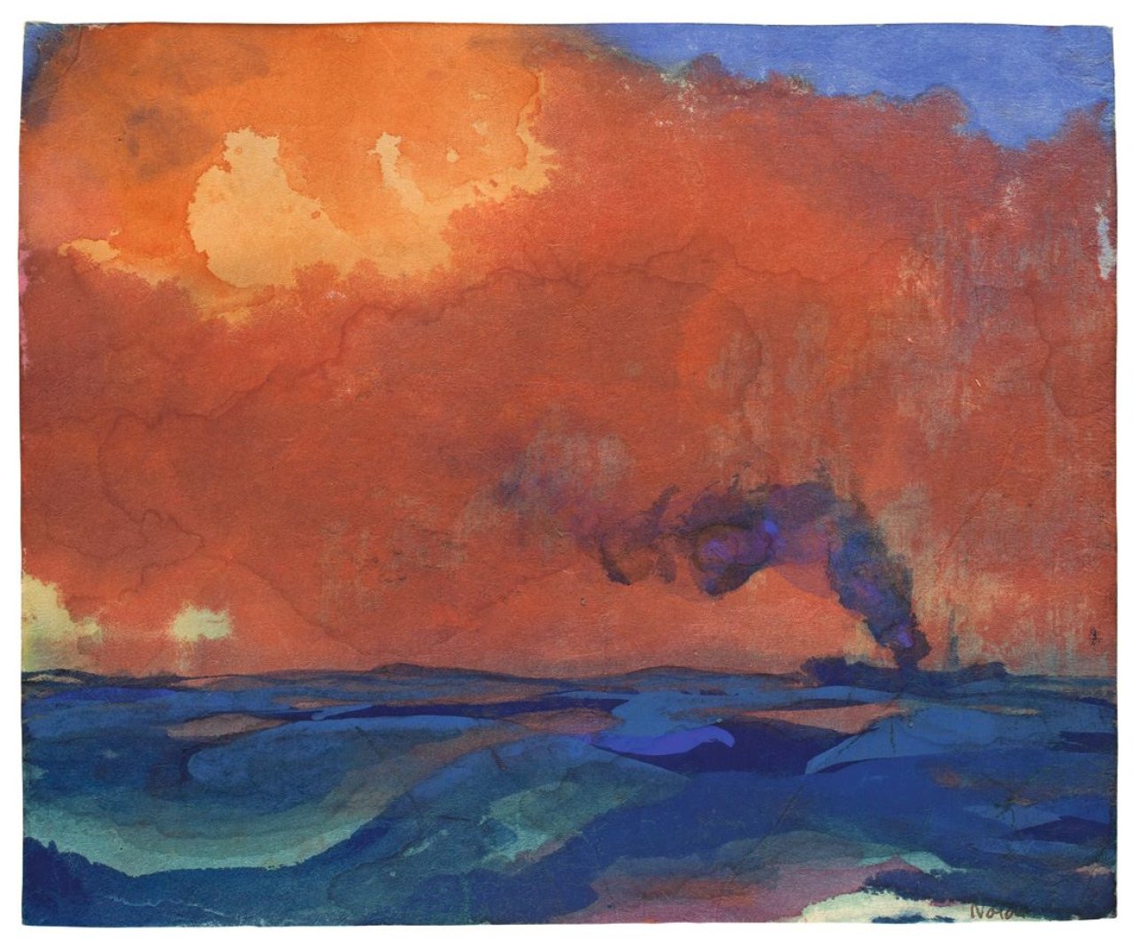 This picture shows the following artwork: Emil Nolde. „Meer mit rotem Abendhimmel (am Horizont ein qualmender Dampfer)“. 1945/46.