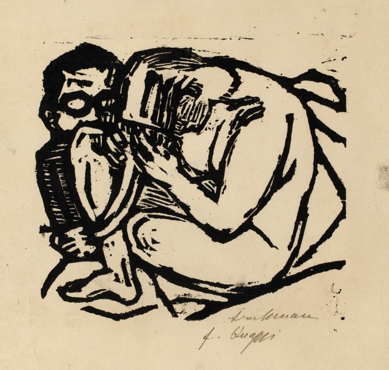 Auf diesem Bild ist das folgende Kunstwerk zu sehen: Max Beckmann. „Mann mit Brille und sich kämmende nackte Frau“. 1927.