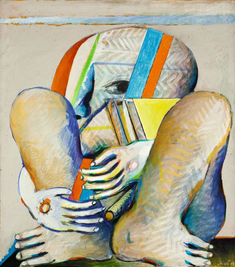 Auf diesem Bild ist das folgende Kunstwerk zu sehen: Horst Antes. „1. kauernde Figur“. 1967.
