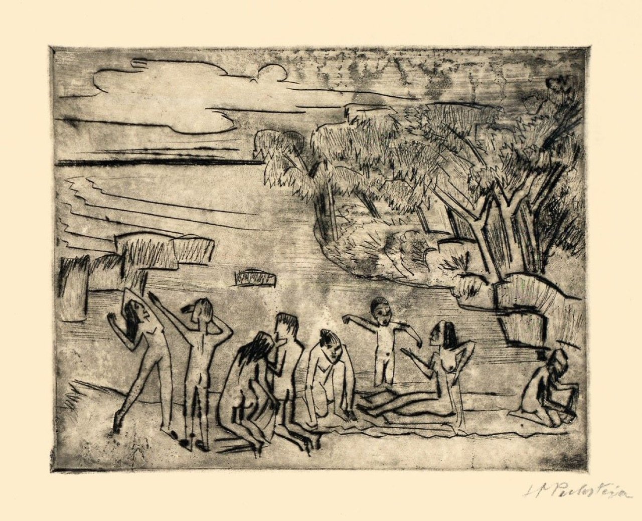 Auf diesem Bild ist das folgende Kunstwerk zu sehen: Max Pechstein. „Am Ufer“. 1920.