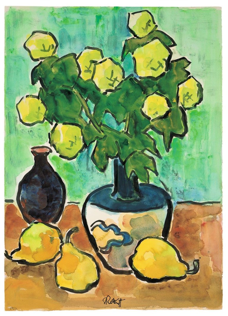 Auf diesem Bild ist das folgende Kunstwerk zu sehen: Karl Schmidt-Rottluff. „Schneeballzweig – grüner Grund“. 1958.