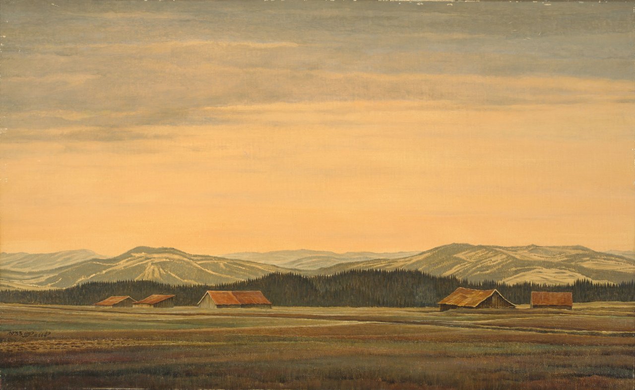 Auf diesem Bild ist das folgende Kunstwerk zu sehen: Franz Lenk. Landschaft mit Scheunen. 1933.