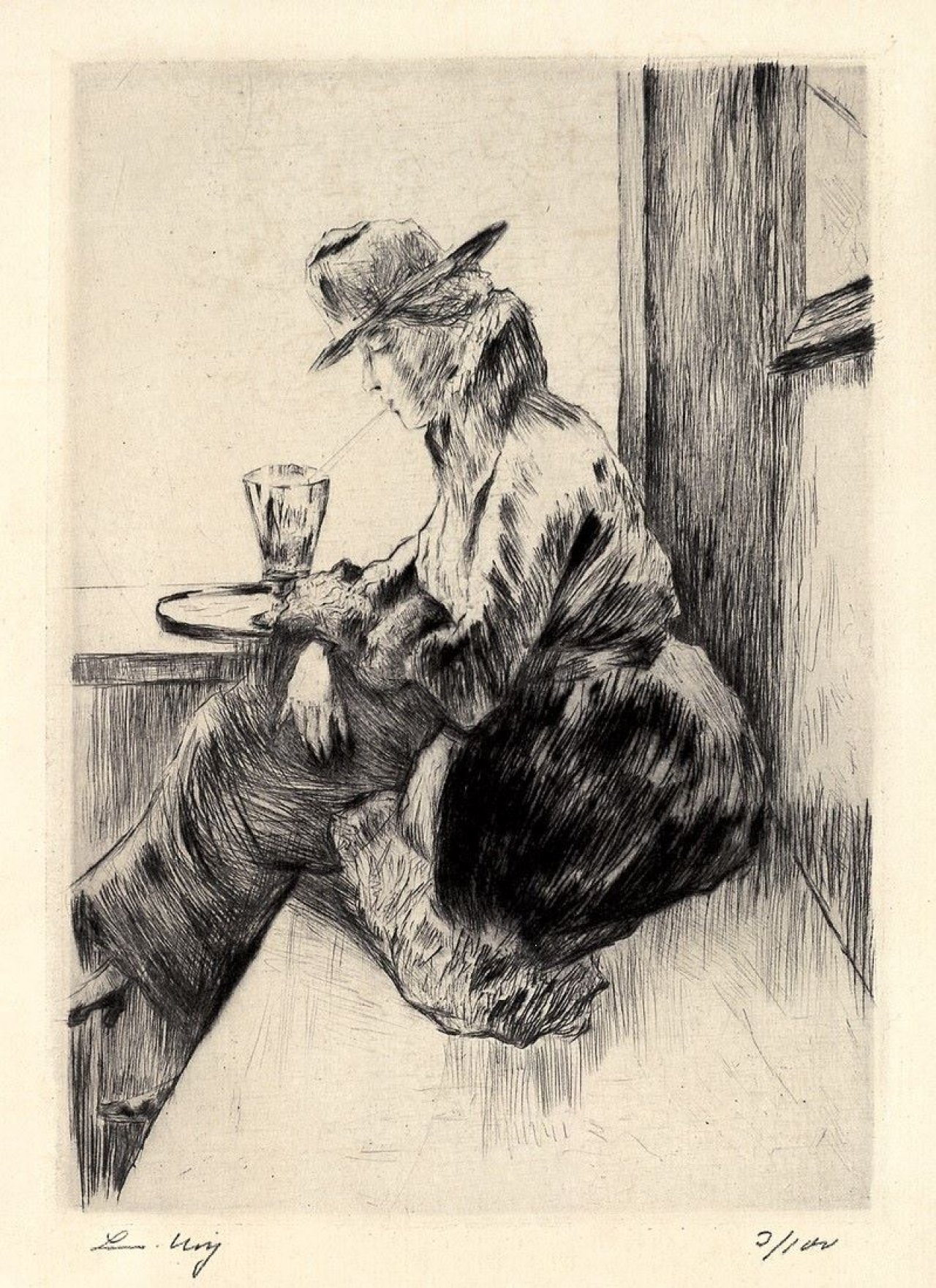 Auf diesem Bild ist das folgende Kunstwerk zu sehen: Lesser Ury. „Dame im Kaffee mit aufgestütztem Arm vor leerem Glas“. 1919.