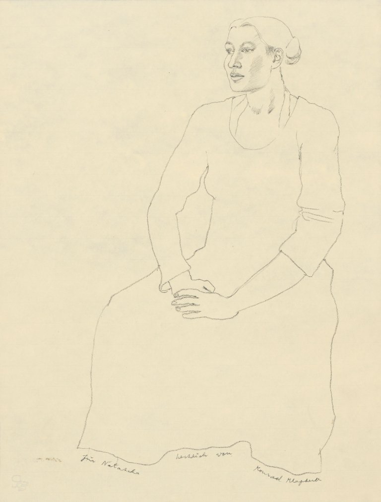 This picture shows the following artwork: Konrad Klapheck. Sitting woman (Natascha Engelmann). Circa 1995.