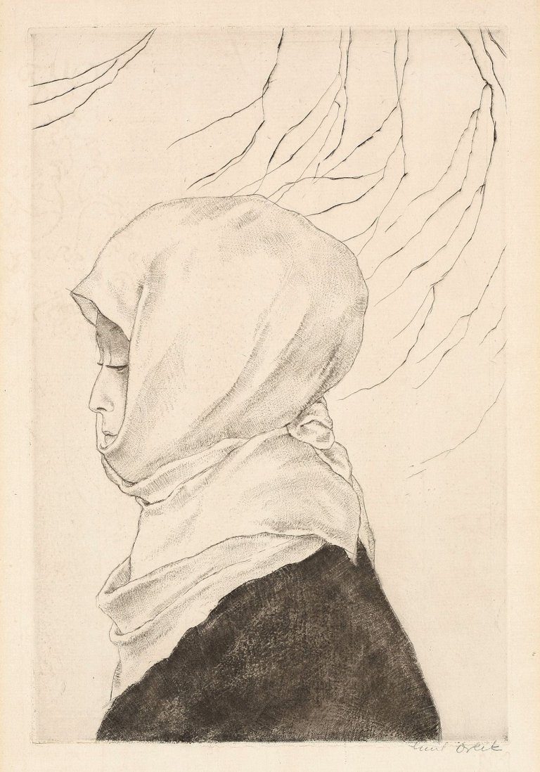 Auf diesem Bild ist das folgende Kunstwerk zu sehen: Emil Orlik. Japanerin im Winterkleid. 1901/02.