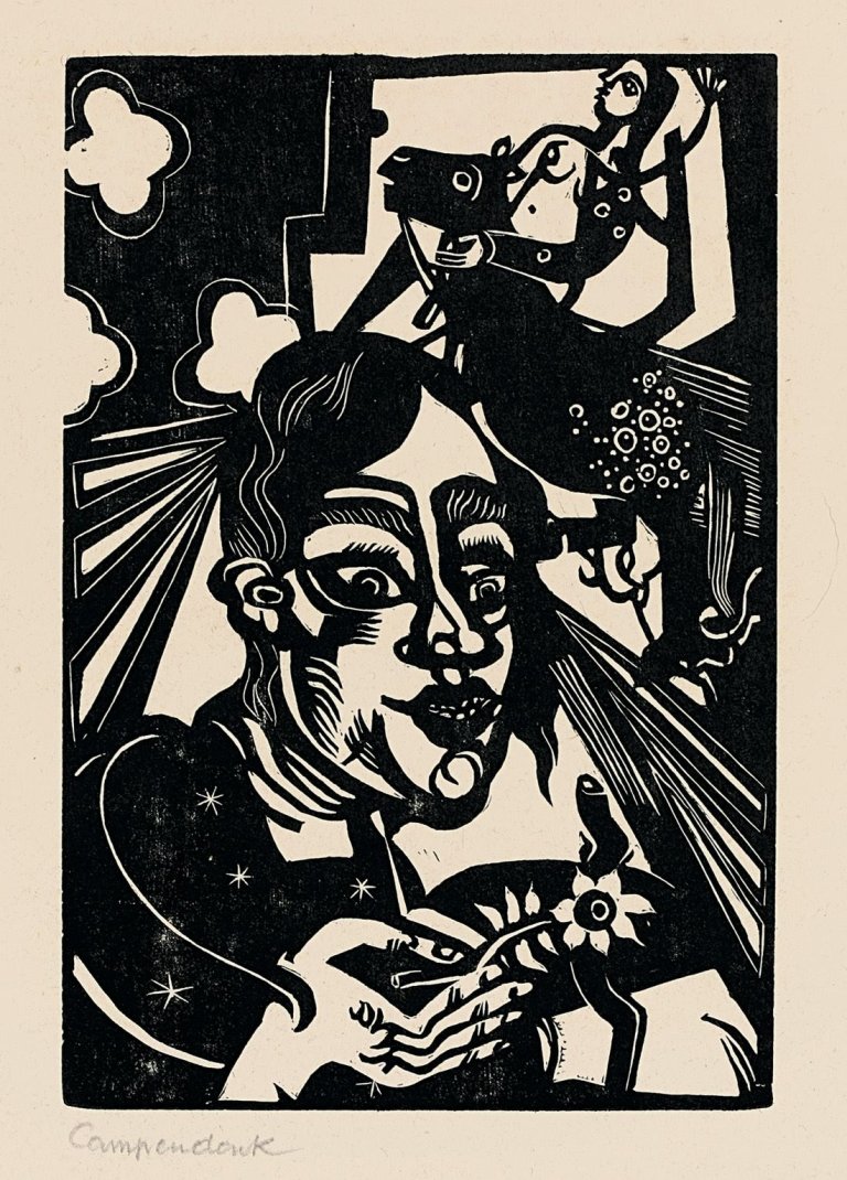 Auf diesem Bild ist das folgende Kunstwerk zu sehen: Heinrich Campendonk. „Frau mit Blume“. 1918.