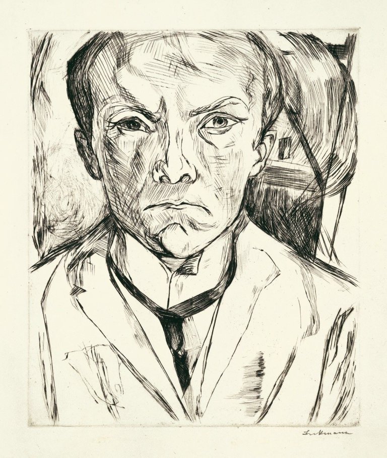 Auf diesem Bild ist das folgende Kunstwerk zu sehen: Max Beckmann. „Selbstbildnis von vorn, im Hintergrund Hausgiebel“. 1918.