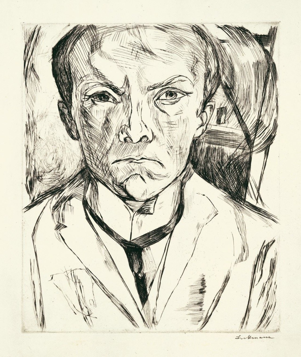 Auf diesem Bild ist das folgende Kunstwerk zu sehen: Max Beckmann. „Selbstbildnis von vorn, im Hintergrund Hausgiebel“. 1918.