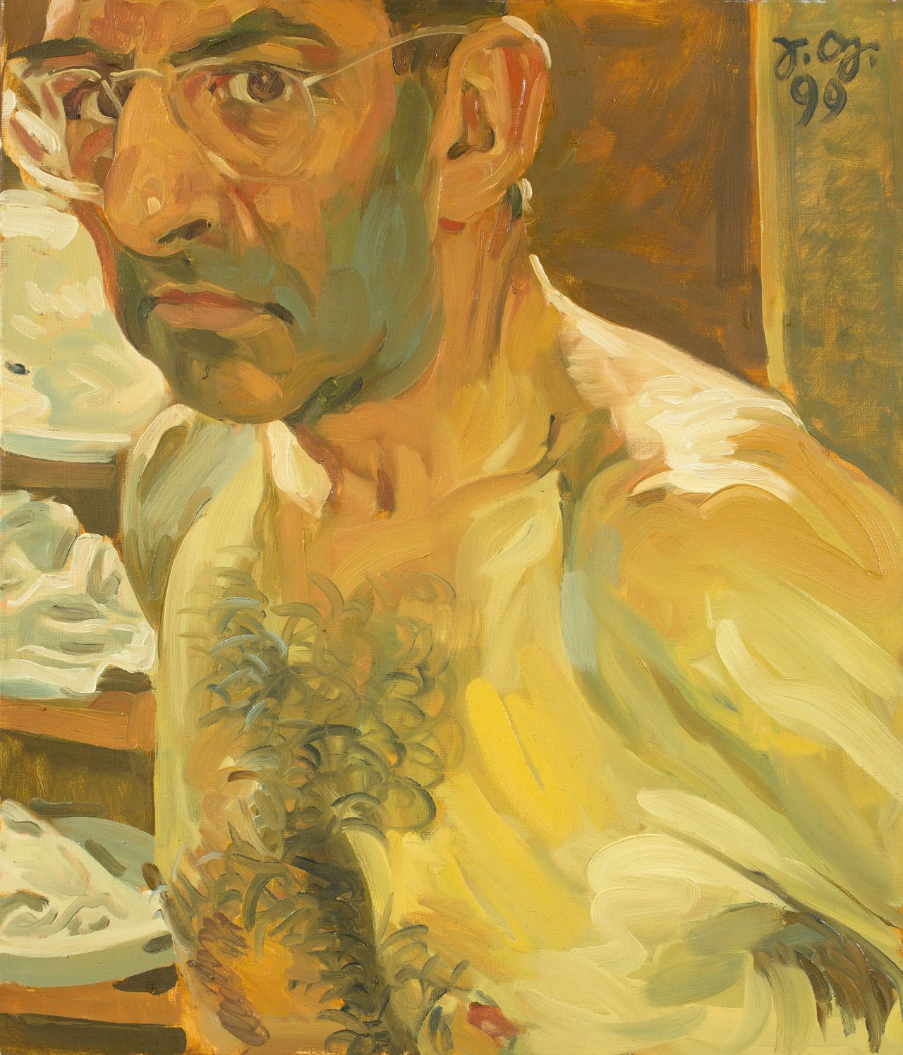 Auf diesem Bild ist das folgende Kunstwerk zu sehen: Johannes Grützke. Selbstportrait / Nackt von Brustwarze bis Braue. 1999.