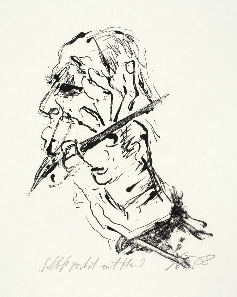 Auf diesem Bild ist das folgende Kunstwerk zu sehen: Otto Dix. „Selbstporträt mit Hand“. 1968.