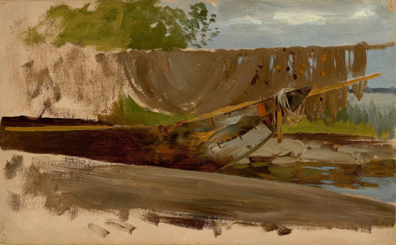 This picture shows the following artwork: Joseph Wopfner. „Fischernetze und Kahn (Studie)“.