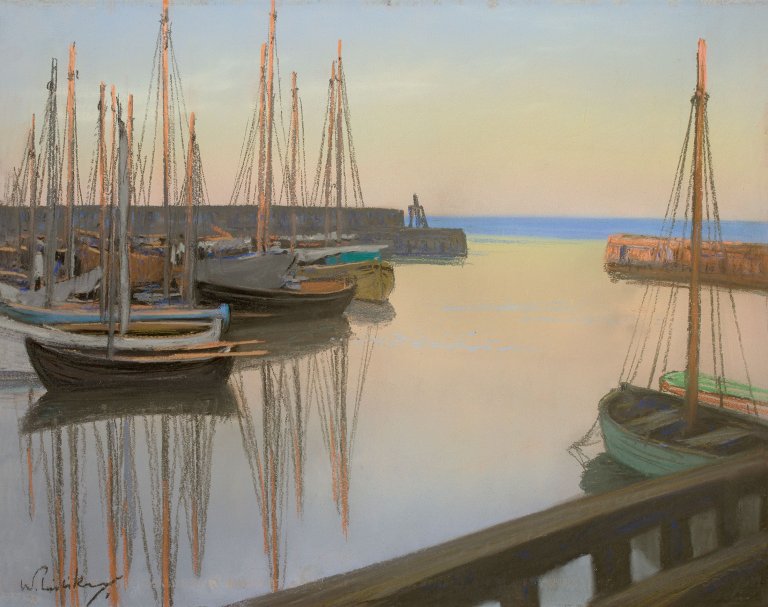 Auf diesem Bild ist das folgende Kunstwerk zu sehen: Walter Leistikow. Hafen bei Dämmerung. Um 1895.