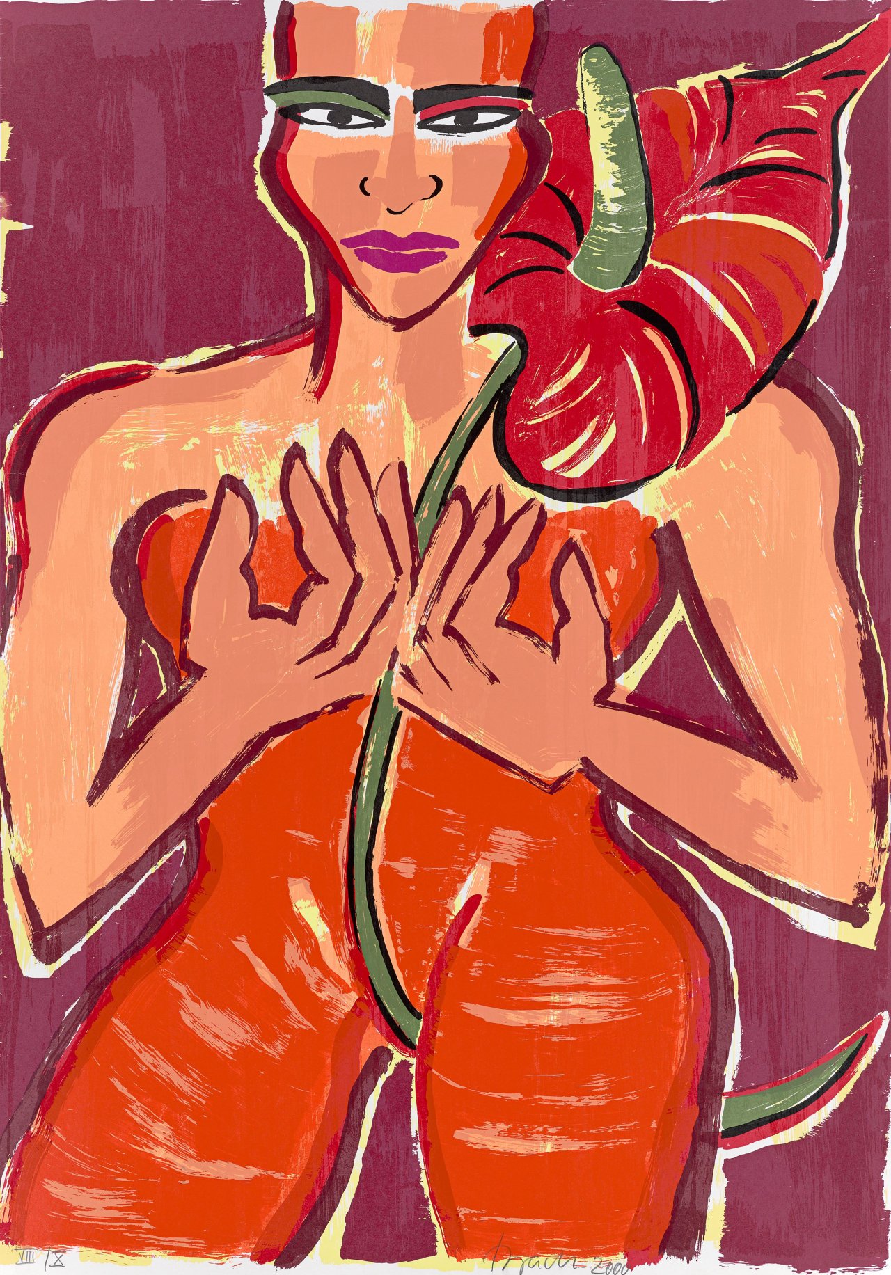This picture shows the following artwork: Elvira Bach. Woman with anthurium flower. 2000.