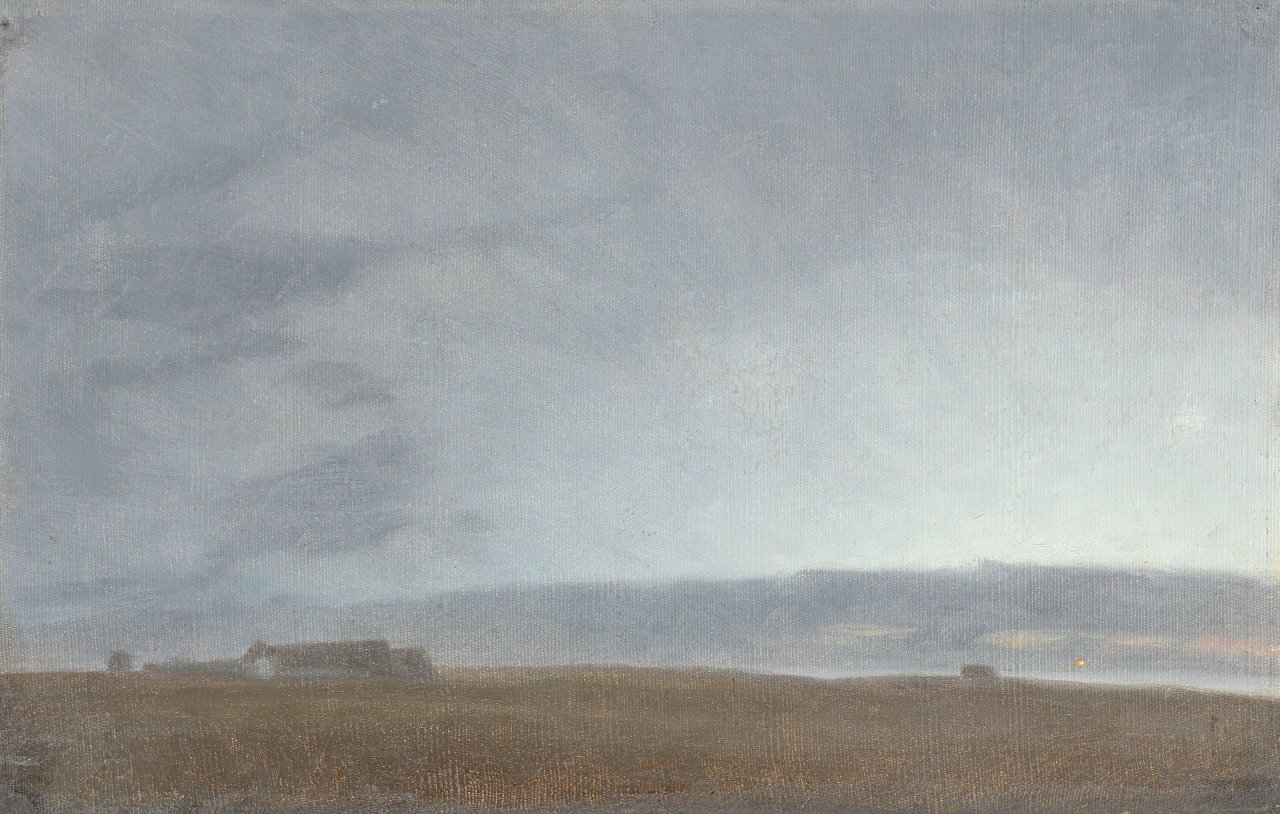 Auf diesem Bild ist das folgende Kunstwerk zu sehen:  Deutsch, um 1900. Landschaftsstudie im Abendblau.