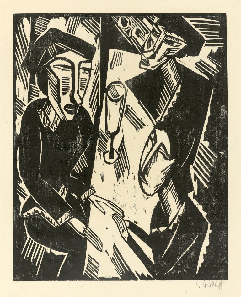 Auf diesem Bild ist das folgende Kunstwerk zu sehen: Karl Schmidt-Rottluff. „Drei am Tisch“. 1914.