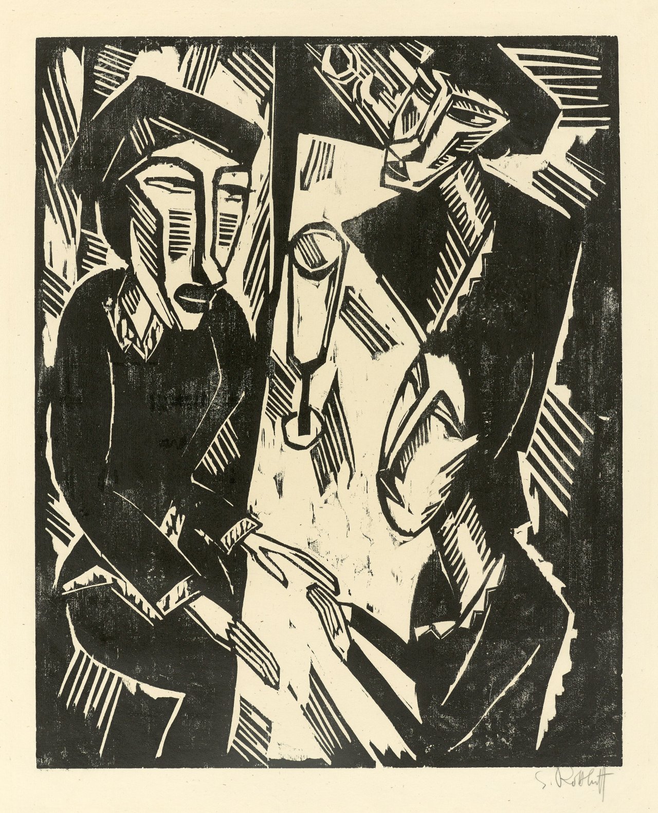 Auf diesem Bild ist das folgende Kunstwerk zu sehen: Karl Schmidt-Rottluff. „Drei am Tisch“. 1914.