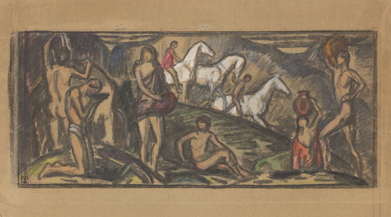 Auf diesem Bild ist das folgende Kunstwerk zu sehen: Ludwig von Hofmann. Szene mit Badenden und Reitern.
