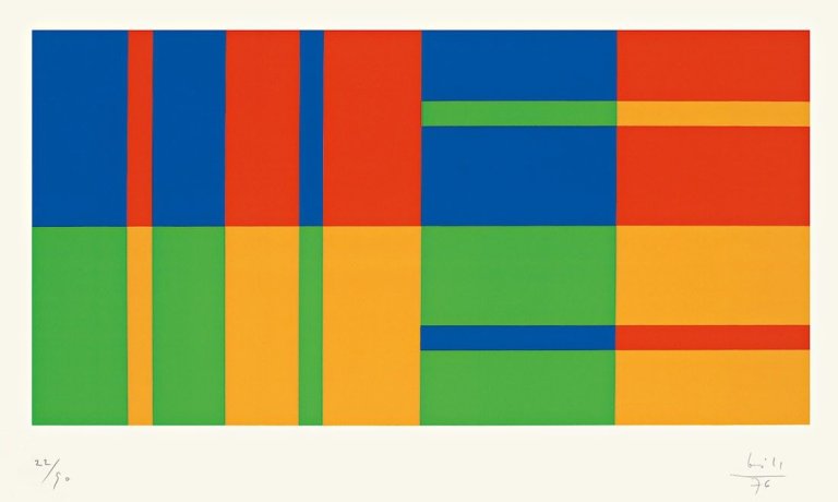Auf diesem Bild ist das folgende Kunstwerk zu sehen: Max Bill. „rhytmus aus gleichen mengen“ / „gleiche farbquanten um drei achsen“. 1976.