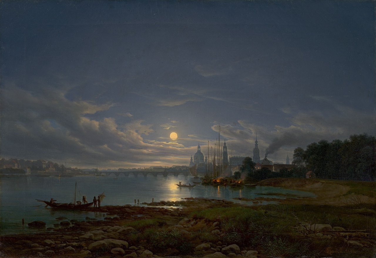 Auf diesem Bild ist das folgende Kunstwerk zu sehen: Johann Anton Castell. „Ansicht auf Dresden, Mondschein“. 1846.