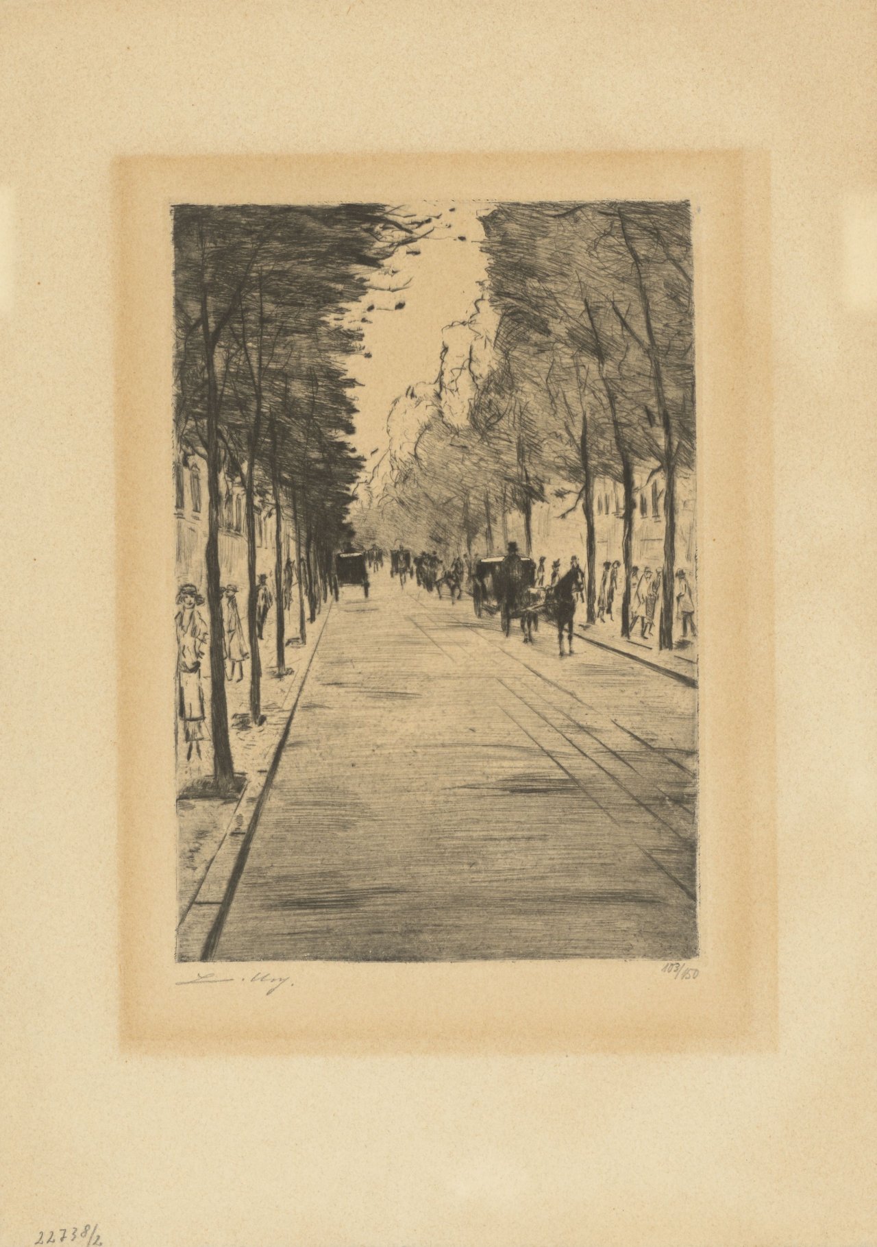 Auf diesem Bild ist das folgende Kunstwerk zu sehen: Lesser Ury. „Berliner Droschke – rechts – wartend im Tiergarten II“. Um 1920.