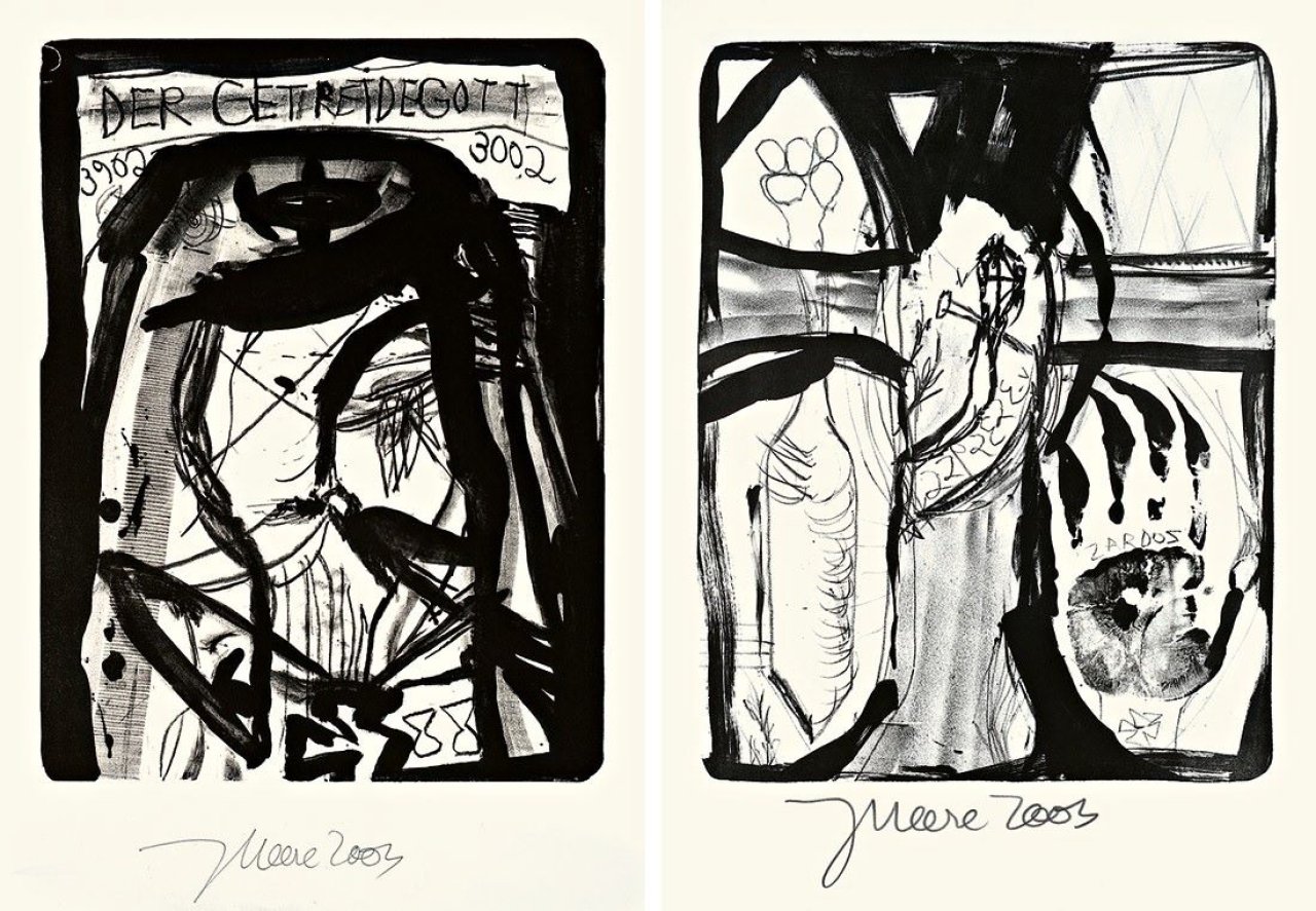 Auf diesem Bild ist das folgende Kunstwerk zu sehen: Jonathan Meese. „Der Getreidegott“ / Ohne Titel / „Der Rufbote“. 2003.