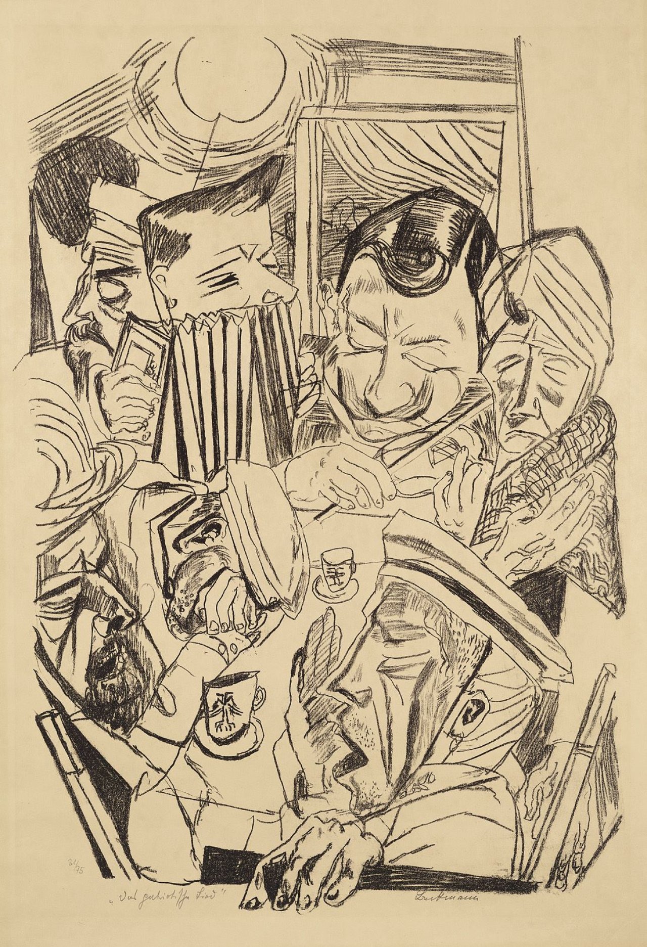 Auf diesem Bild ist das folgende Kunstwerk zu sehen: Max Beckmann. „Das patriotische Lied“. 1919.