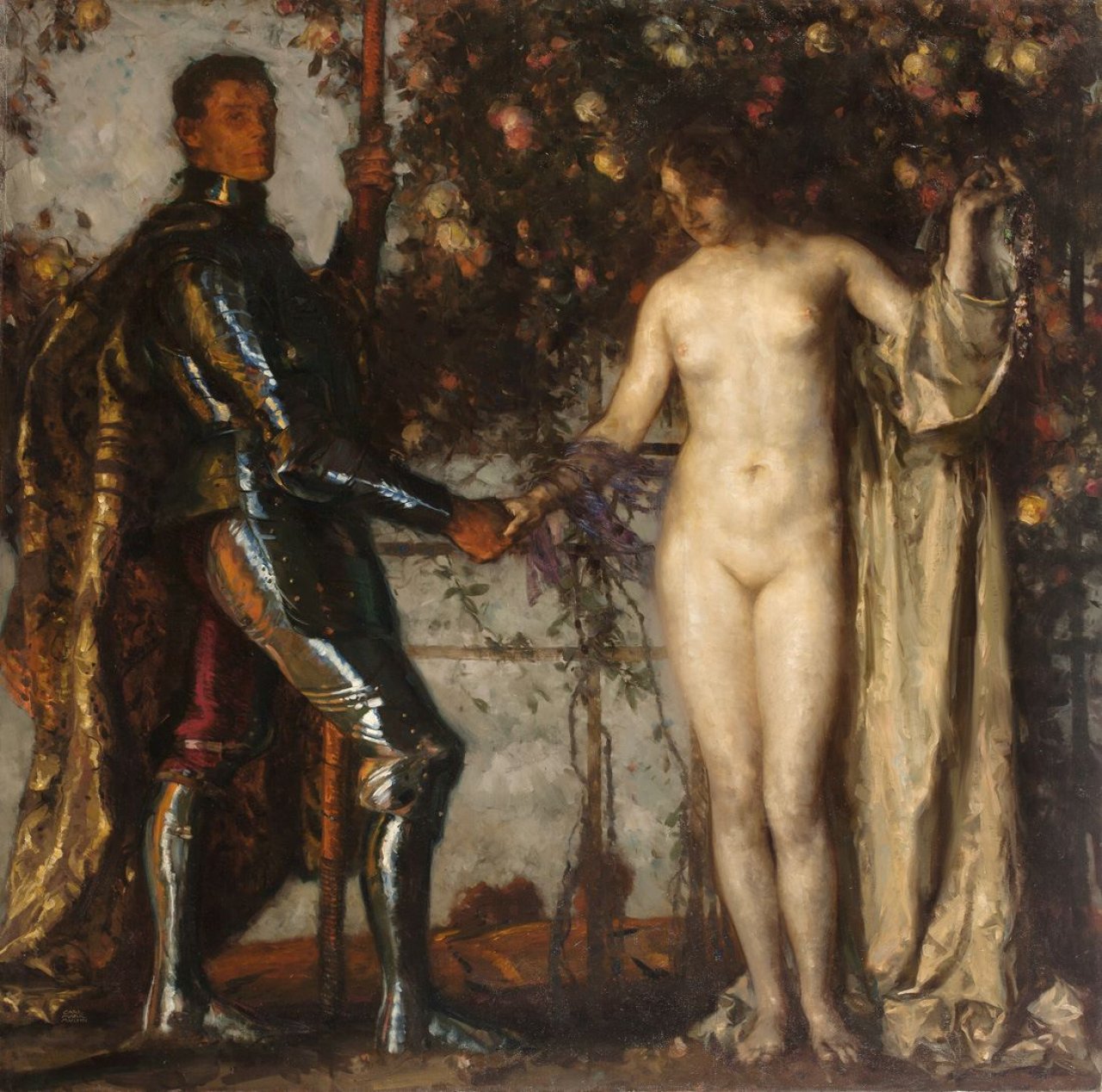 Auf diesem Bild ist das folgende Kunstwerk zu sehen: Carl von Marr. Ritter und Junges Weib. Um 1912.