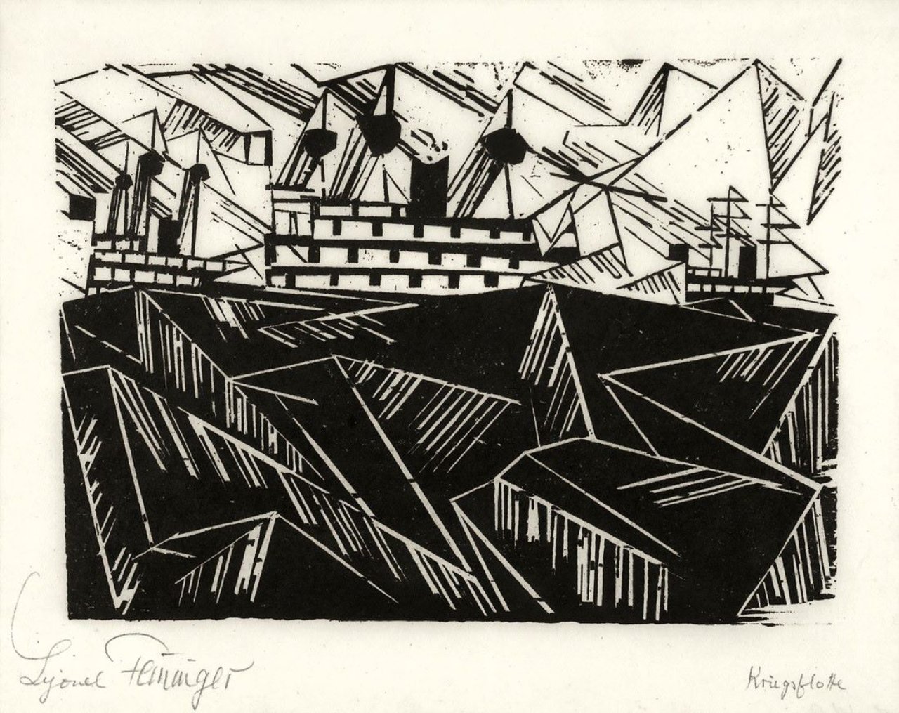 Auf diesem Bild ist das folgende Kunstwerk zu sehen: Lyonel Feininger. „Kriegsflotte 1“. 1919.