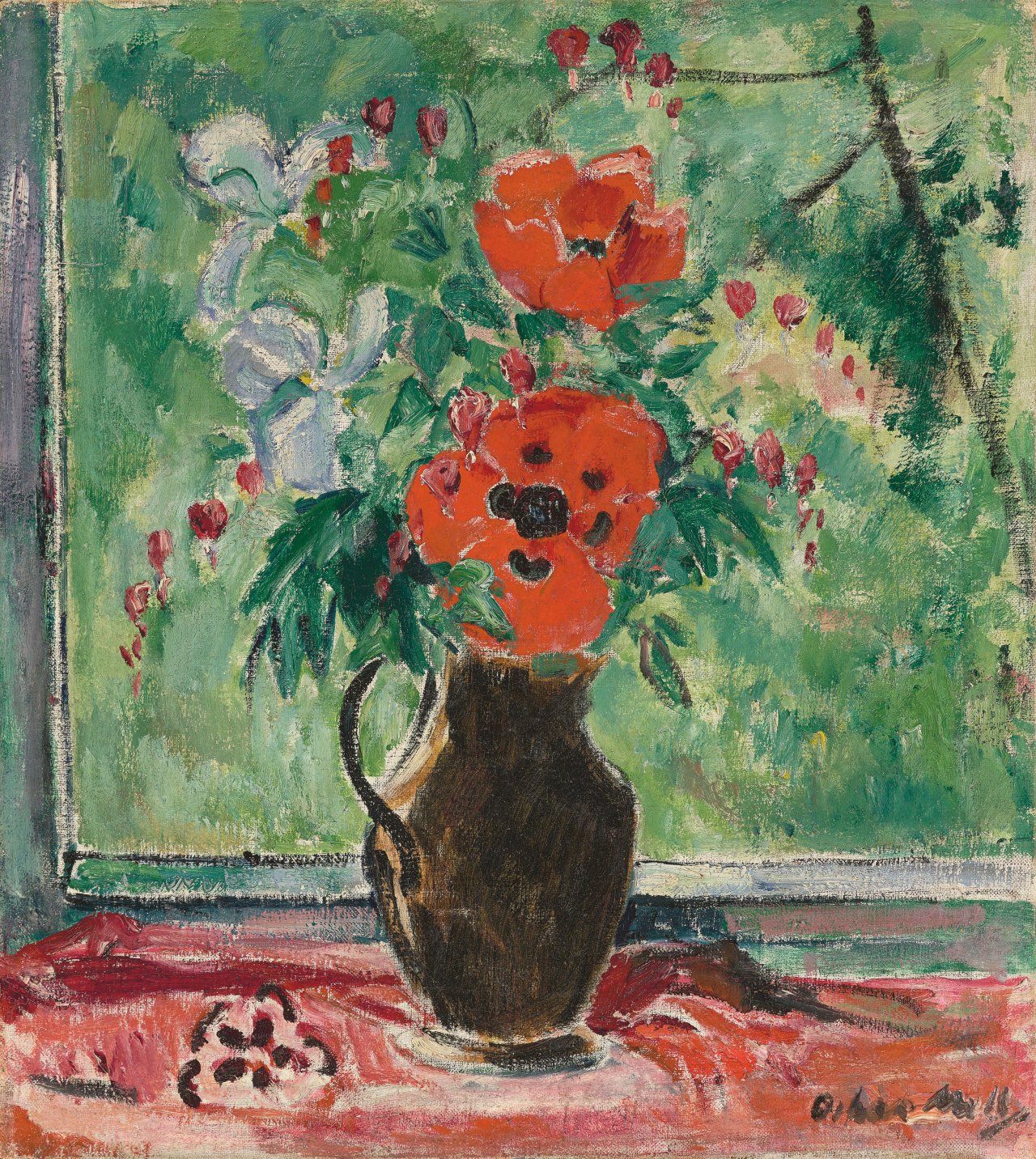Auf diesem Bild ist das folgende Kunstwerk zu sehen: Oskar Moll. „Schwarze Vase mit Mohn“. Um 1922.