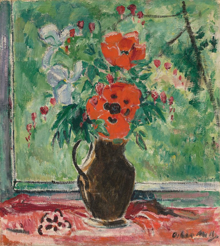 Auf diesem Bild ist das folgende Kunstwerk zu sehen: Oskar Moll. „Schwarze Vase mit Mohn“. Um 1922.