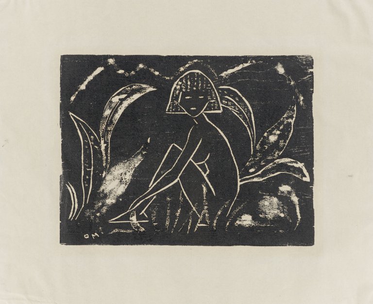 Auf diesem Bild ist das folgende Kunstwerk zu sehen: Otto Mueller. „Mädchen zwischen Blattpflanzen (Mädchen im Schilf)“. 1912.