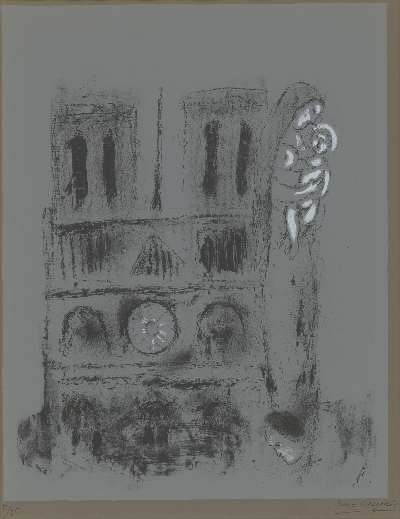 Auf diesem Bild ist das folgende Kunstwerk zu sehen: Marc Chagall. „Notre-Dame en gris“. 1955.