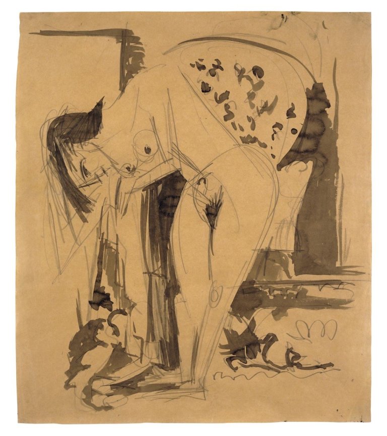 Auf diesem Bild ist das folgende Kunstwerk zu sehen: Ernst Ludwig Kirchner. Sich bückender Akt im Raum. Um 1912/14.