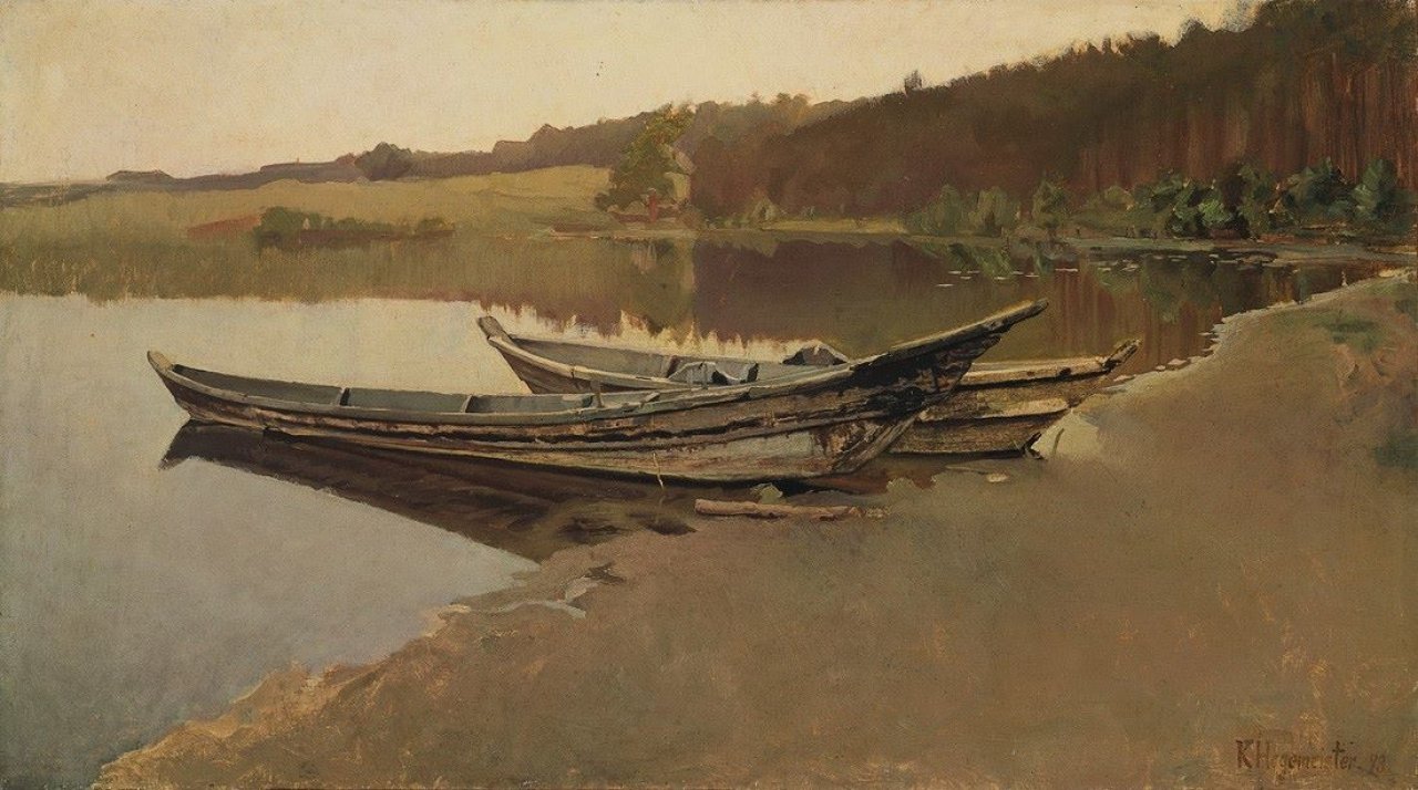 Auf diesem Bild ist das folgende Kunstwerk zu sehen: Karl Hagemeister. „Zwei Kähne am Seeufer“. 1878.