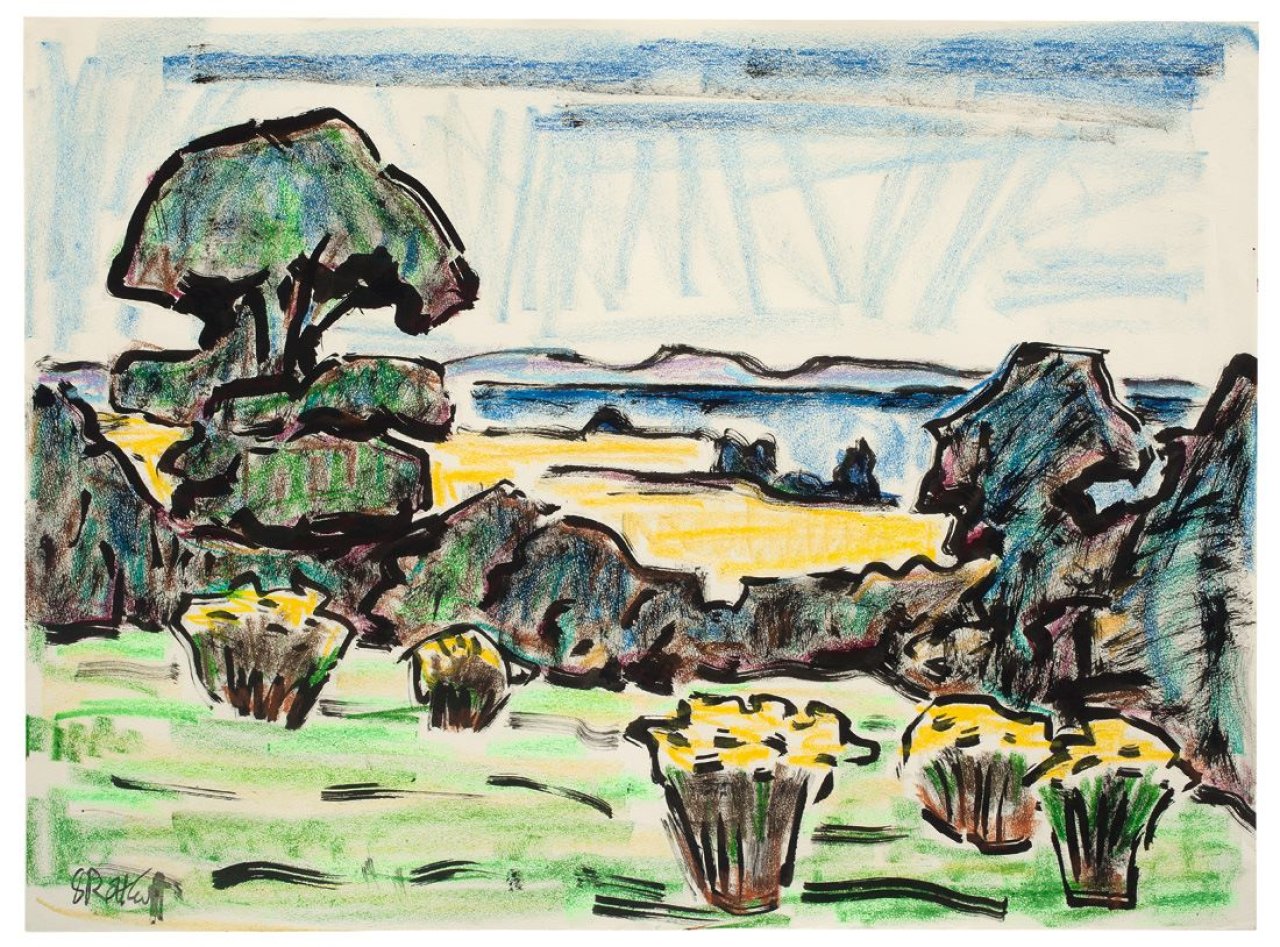 Auf diesem Bild ist das folgende Kunstwerk zu sehen: Karl Schmidt-Rottluff. „Landschaft an der Bucht“. 1966.