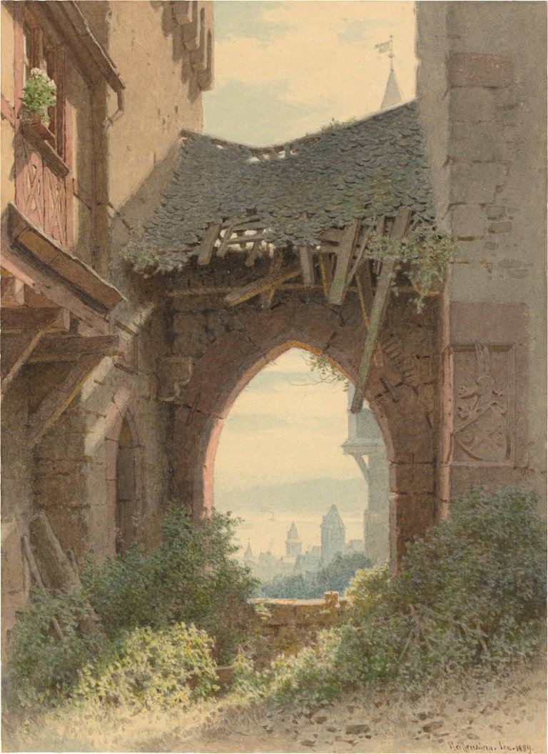 Auf diesem Bild ist das folgende Kunstwerk zu sehen: Carl Theodor Reiffenstein. Fensterdurchblick auf Bacharach am Rhein. 1889.
