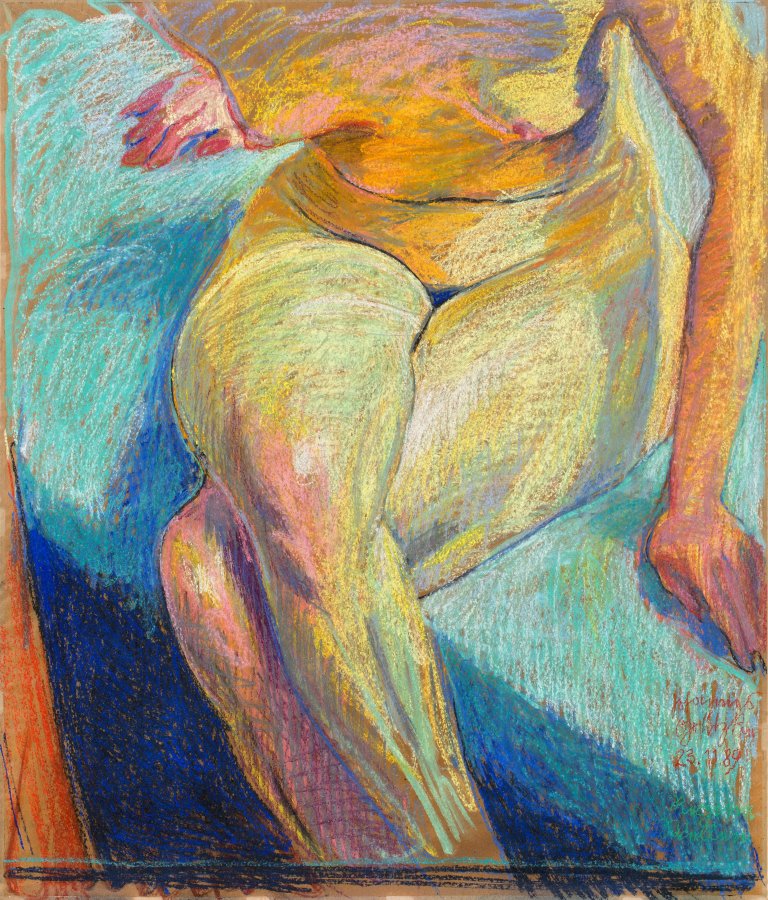 Auf diesem Bild ist das folgende Kunstwerk zu sehen: Johannes Grützke. Halbakt („Regina Wellen“). 1989.