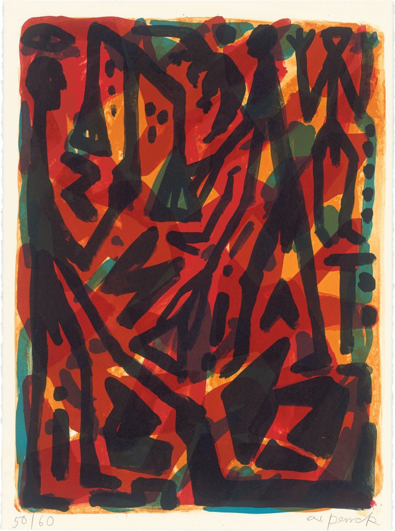 Auf diesem Bild ist das folgende Kunstwerk zu sehen: A.R. Penck. „Auf der Waagschale“. 2002.