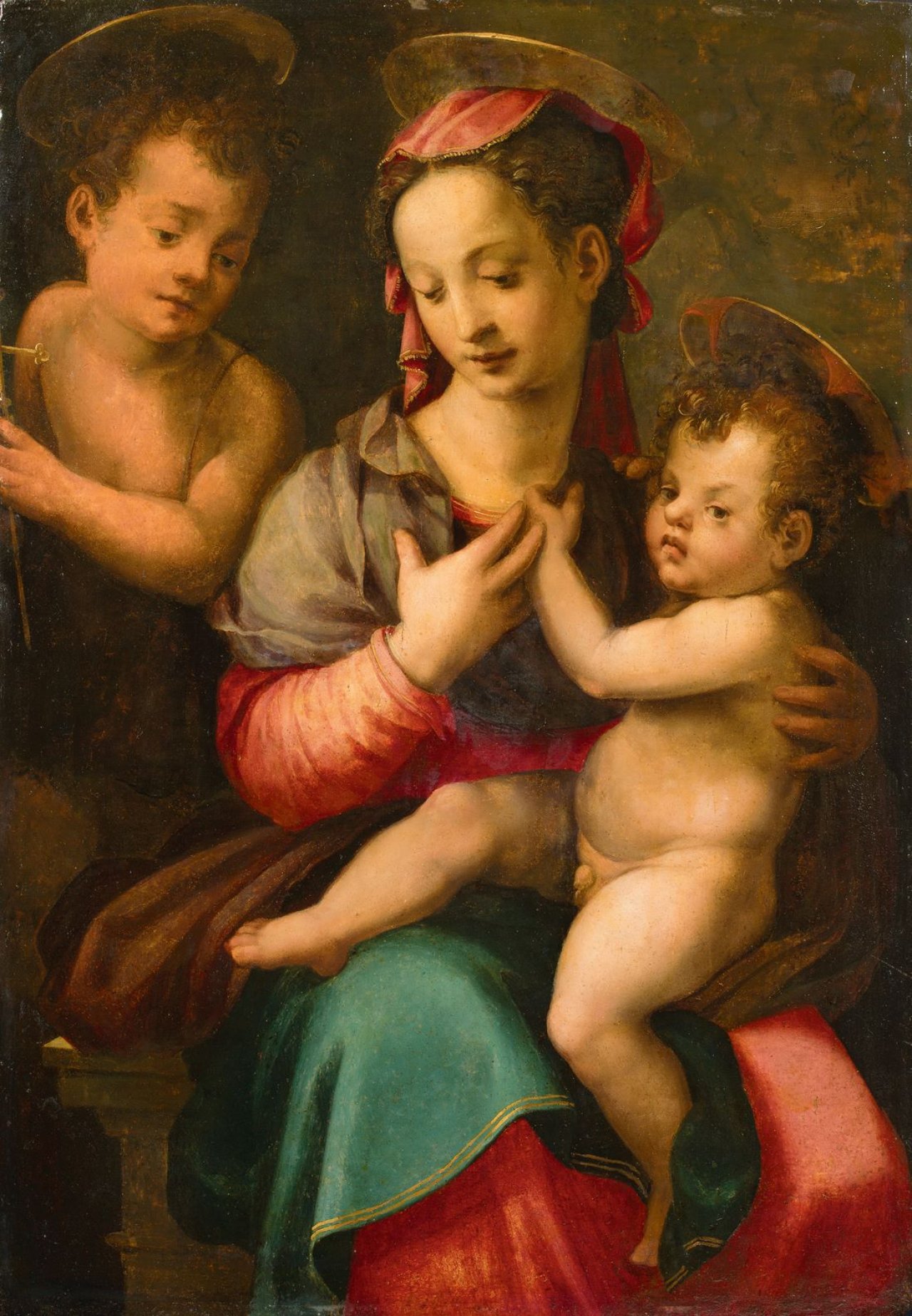 Auf diesem Bild ist das folgende Kunstwerk zu sehen: Carlo Portelli da Loro. Maria mit dem Kind und dem Johannesknaben. Mitte 16. Jahrhundert.