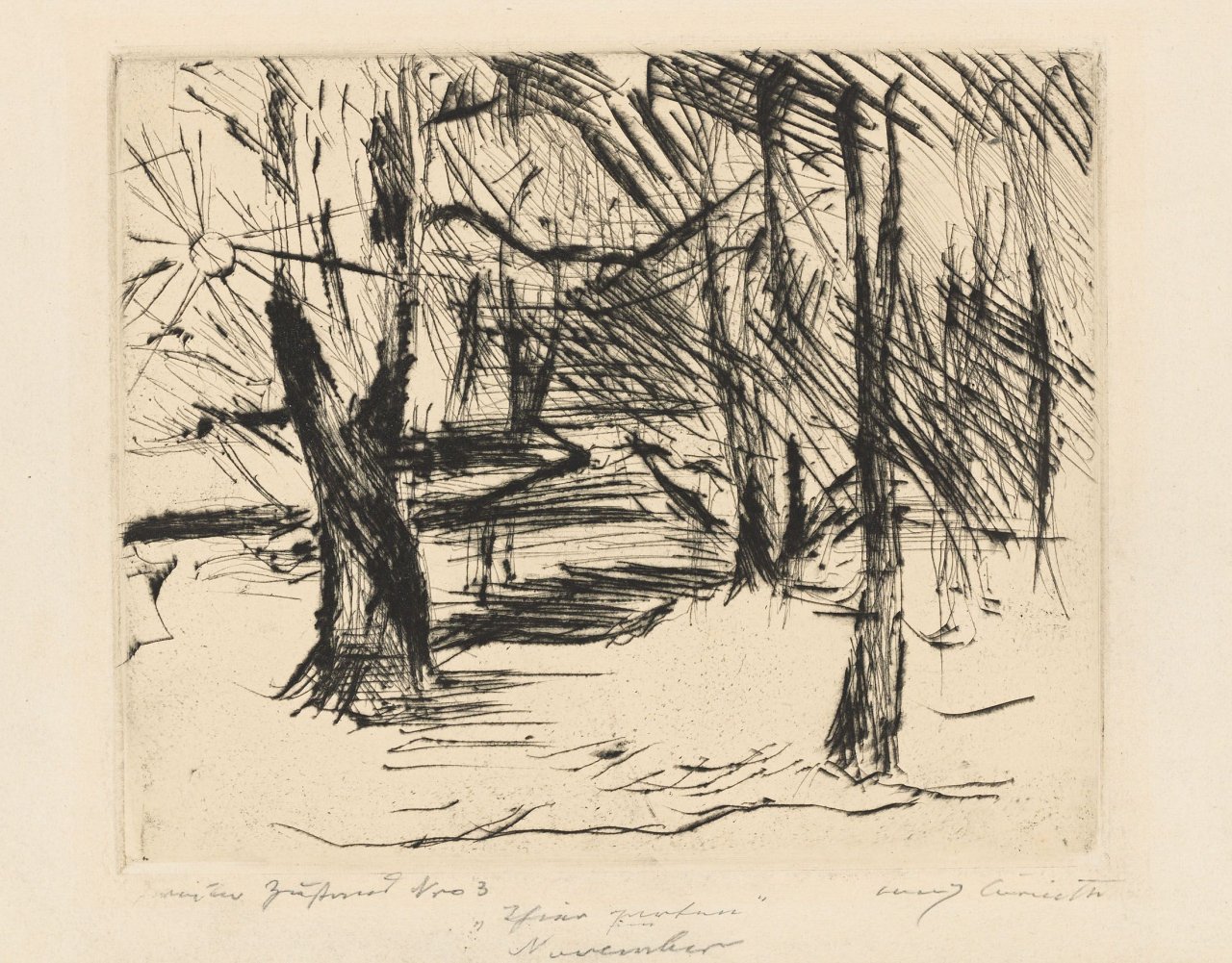 This picture shows the following artwork: Lovis Corinth. „Landschaft“ / „Tiergarten im Januar 1922“ / „Bäume mit Sonne (Winter im Tiergarten)“. 1916/1920/21/1922.