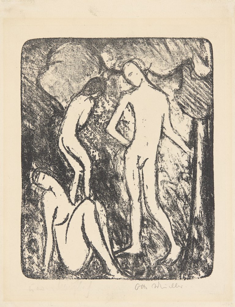 Auf diesem Bild ist das folgende Kunstwerk zu sehen: Otto Mueller. „Zwei Mädchen und ein Jüngling (Drei Akte)“. 1909–13/1914.