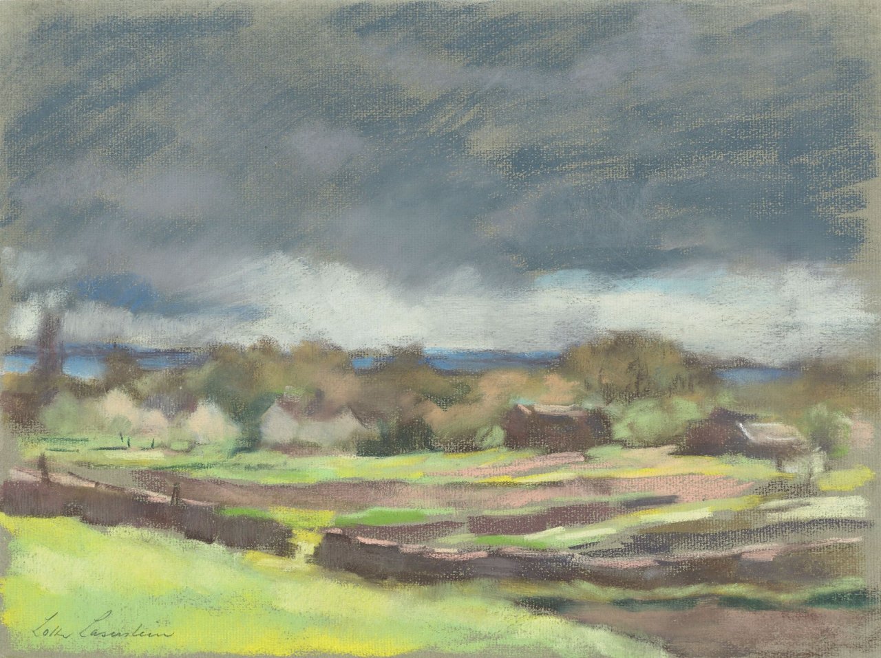 Auf diesem Bild ist das folgende Kunstwerk zu sehen: Lotte Laserstein. Landschaft mit Gewitterwolken. 1950er Jahre.