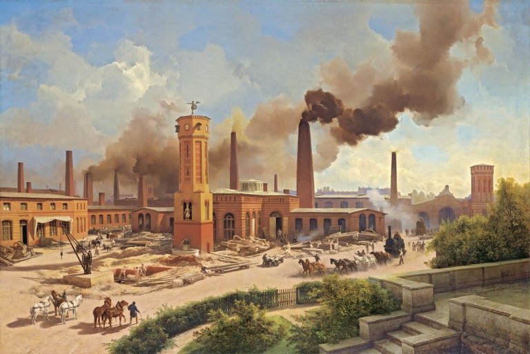 Auf diesem Bild ist das folgende Kunstwerk zu sehen: Carl Eduard Biermann. Borsigs Maschinenbau-Anstalt zu Berlin. 1847.