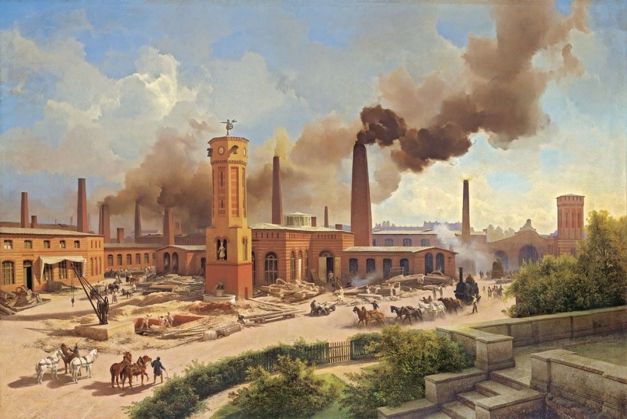 Auf diesem Bild ist das folgende Kunstwerk zu sehen: Carl Eduard Biermann. Borsigs Maschinenbau-Anstalt zu Berlin. 1847.