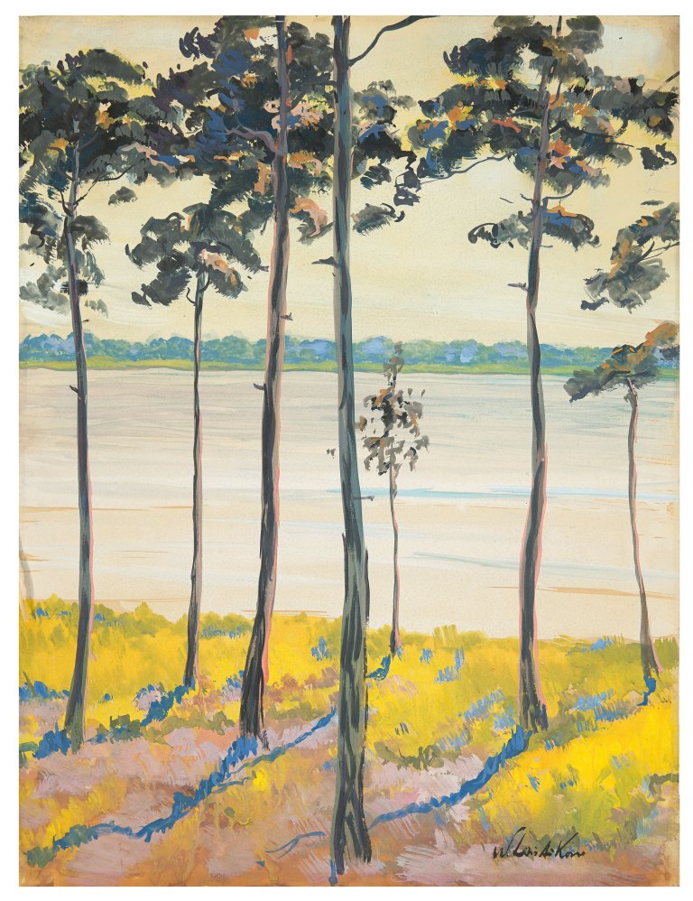 Auf diesem Bild ist das folgende Kunstwerk zu sehen: Walter Leistikow. Kiefern am Ufer.