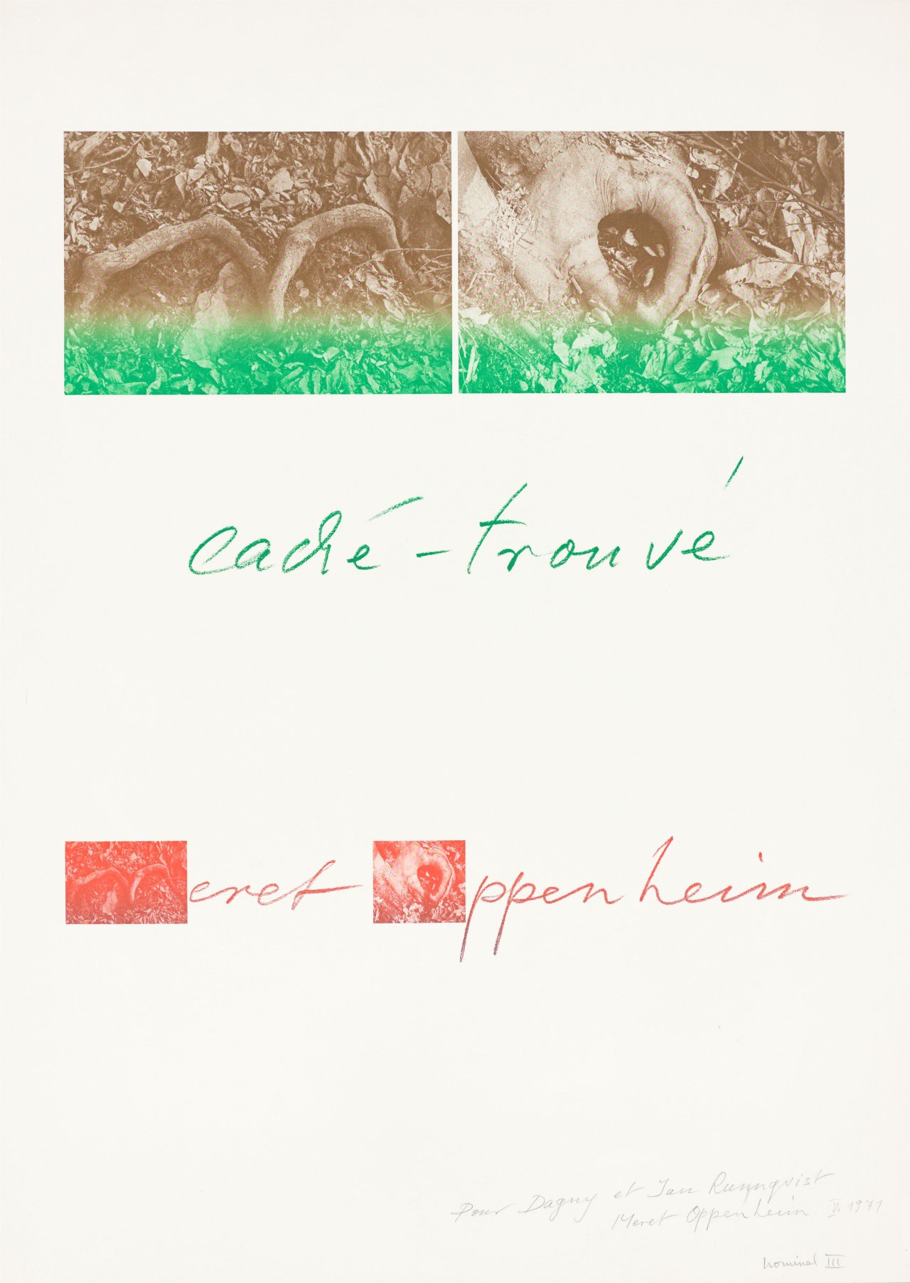 This picture shows the following artwork: Meret Oppenheim. „cachè - trouvé“ (Plakat für die Ausstellung). 1971.
